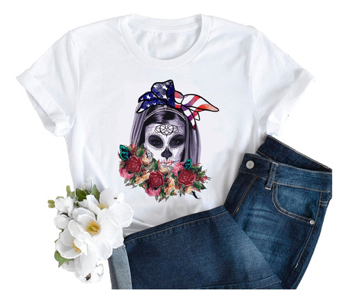 Remera Dama Mujer Moda Femenina Cara Calavera Rosas Flor #02