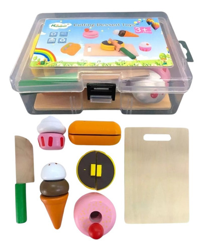 Set Comida Comiditas Madera P/cortar Con Velcro Postres