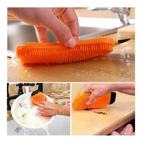 Esponja Multiusos De Silicon 3 En 1 Color Naranja