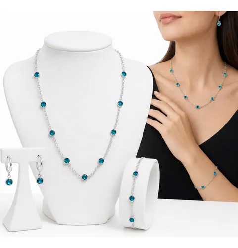 Kit Colar Cordão Com Pulseira + Brinco Argola Azul Prata 925