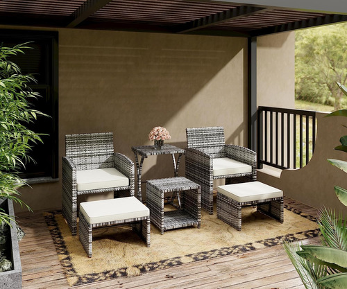 Muebles De Patio De Mimbre Negro Y Gris Con Otomana Silla Y