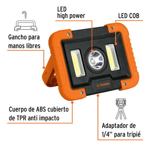 Lámpara Led 1000 Lm De Trabajo Recargable Truper 14631 Blanco Naranja