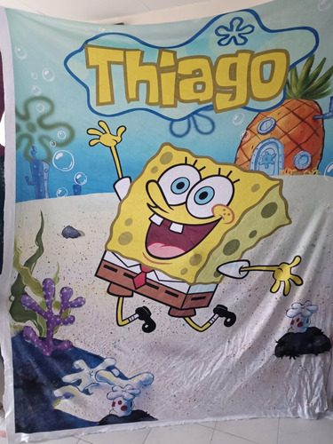 Hermosa Cobija Manta Bob Esponja 2.00*1.60 Incluye Nombre 