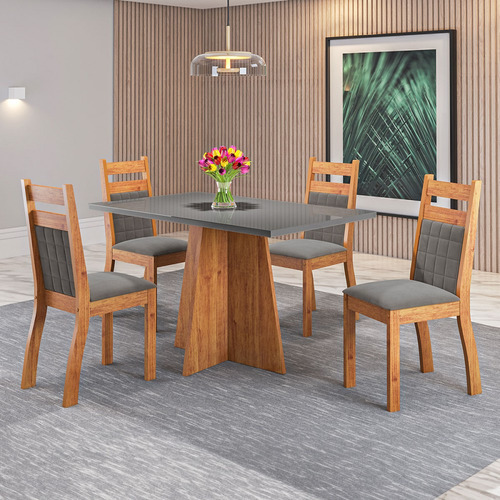 Mesa De Jantar 4 Lugares Merlot Com Vidro Mel/grafite - Pés Cinza