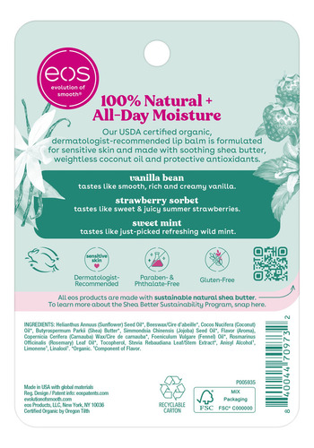 Bálsamo Labial Eos 100% Natural Y Orgánico De Vainilla, Ment