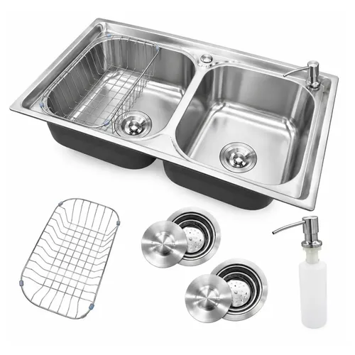 Cuba Dupla de Cozinha em Aço Inox 304 Stillus Home 78x43 cm, com Cesto Escorredor e Dosador