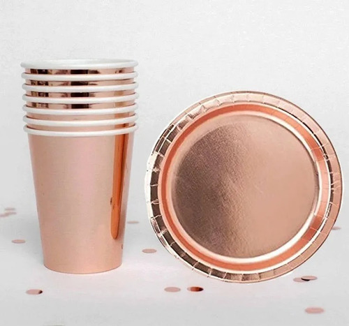 Set Platos Vasos Dorado Plateado Rosa Gold Descartables