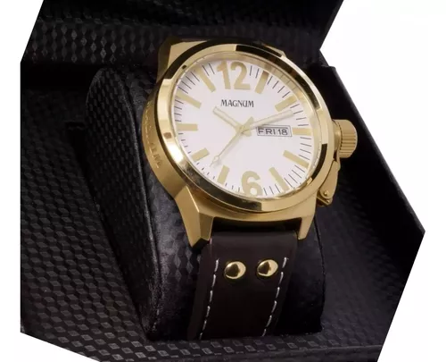 Relogio masculino magnum dourado military ma31524u em couro