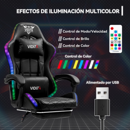 Silla Gamer Rgb Knight800 Reclinable Con Masajeasdor Reposapiés Vidita Silla Gaming PC Videojuego Cuero Sintético Color Negro