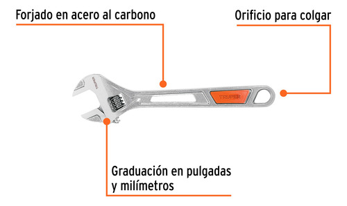 Llave Perico Ajustable 10´ Acero Mango Pvc Profesional 15511