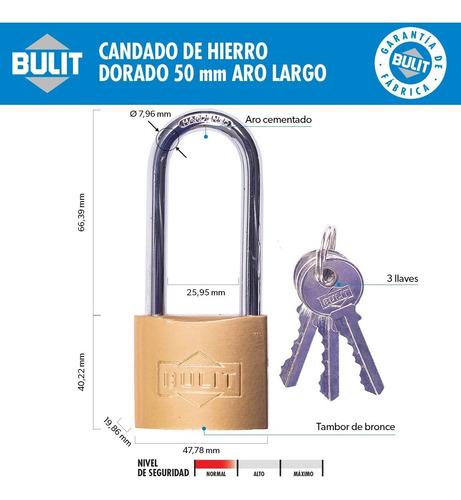 Imagen 2 de 3 de Candado De Hierro Dorado Bulit N° 50 Aro Largo