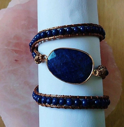 Pulseira 3 Voltas Pedra Natural Lápis Lázuli Artesanal Boho