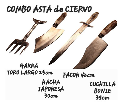 Juego Parrilla Asado Asta Ciervo Facon Bowie Hacha Garra Oso
