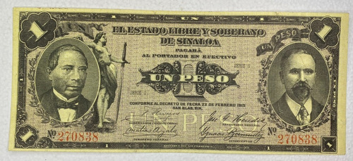 Estado De Sinaloa 1 Pesos De 1914 Nuevo Casi Sin Circular !