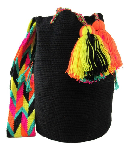 Mochila Wayuu Lisa Negra Con Tira Multicolor Envio Gratis