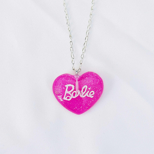 Collar Barbie Corazón Rosa Con Brillos Cadena De Plata