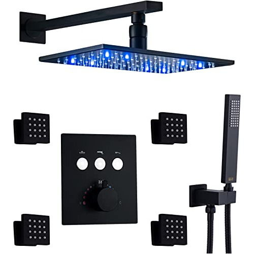 Set De Cabezal De Ducha Tipo Lluvia Led Negro Mate Con Chorr