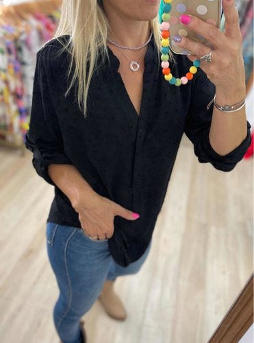 Imagen 5 de 10 de Blusa Camisa Cuello Mao Plumetti Talles Grandes The Big Shop