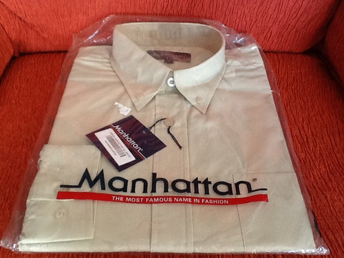 Camisa Hombre Manhattan Talle L Beige Buena Calidad Sport