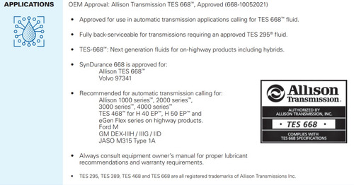 Aceite Atf Syndurance 668 19 Lt Allison Tes 668 Y 295