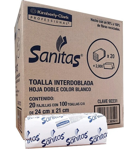 Toalla Interdoblada Para Manos Sanitas 20 Pack C/ 100