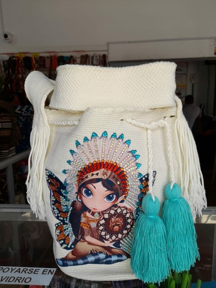 Hermosa Mochila Wayuu Grande Con Apliques 