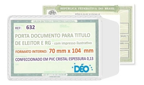 Capa Plástica P/ Rg/ Titulo De Eleitor Novo  Kit C/ 100 Unid