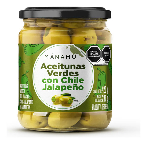 Aceituna Verde Con Chile Jalapeño En Salmuera 420g Manamu