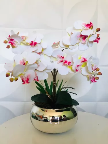 Arranjo De Orquídeas Em Silicone 3d Com Vaso Espelhado