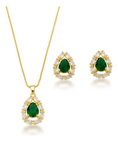 Conjunto Colar E Brincos Com Zirconia Gota Verde Escuro Banh