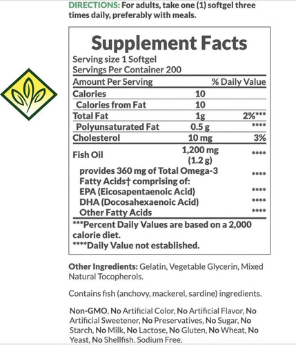 Aceite De Pescado 1200mg Omega 3 Ayuda El Corazón 200 Cap 