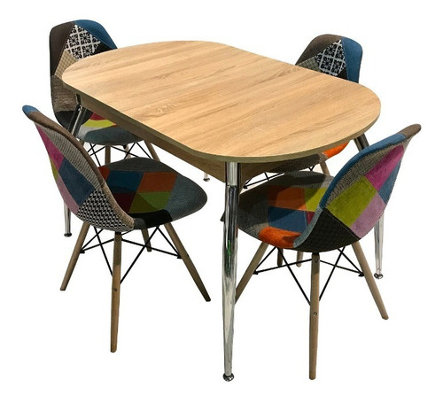 Comedor Madera Mesa Extensible Ovalada+ Sillas Patchwork