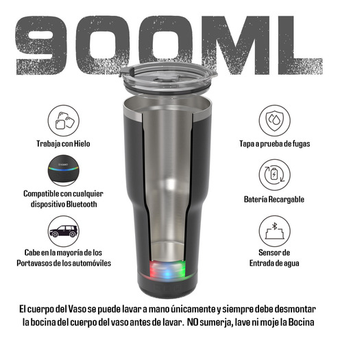 Vaso Térmico Con Bocina Bluetooth De 900 Ml Kbod Rad-20431 Negro Liso