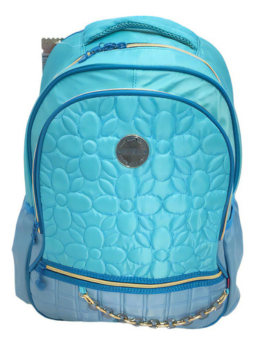 Mochila Feminina Universitária Moderna Costas Com Corrente Cor Azul-turquesa Desenho Do Tecido Flor