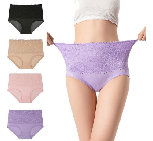 Bragas Sexy De Algodón Con Encaje De Cintura Alta, 4 Piezas