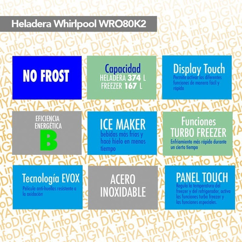 Imagen 2 de 6 de Heladera Whirlpool French Door Wro80k2 No Frost Acero Digiya