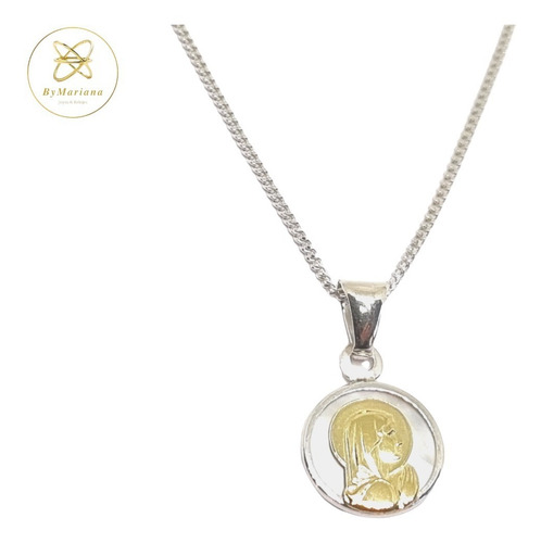 Cadena Plata + Dije Plata Y Oro Virgen Niña Con Nacar 13mm
