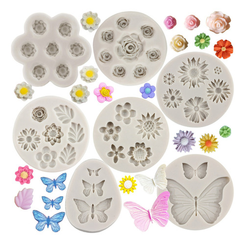 7pcs Molde De Silicon Margarita Rosa Mariposa Fondant Resina