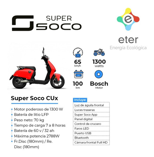 Moto Eléctrica Super Soco Cux Estilo Vespa Pilar Motor Bosch