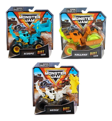 3pack Monster Jam Rolland, Scoopz Y Wedge 1:64 Dirt Squad