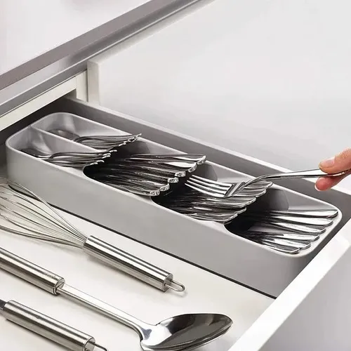 Organizador de cajones, bandeja extensible para utensilios de cocina,  soporte ajustable para cubiertos y cubiertos, almacenamiento compacto de  plástico para cucharas, tenedores, cuchillos, grande