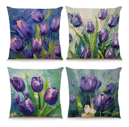 4 Juegos De Fundas De Cojín,estampado De Flores De Tulipanes