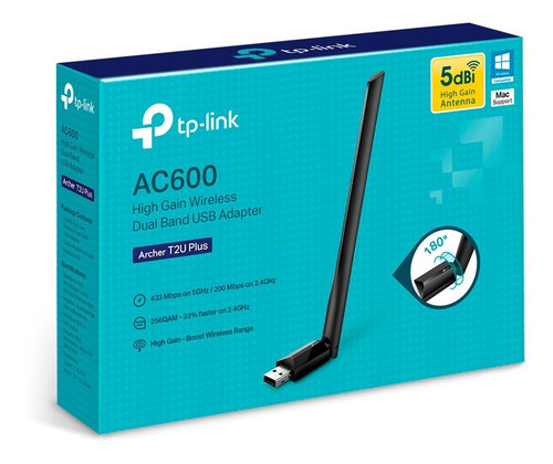 Adaptador Wifi Usb Archer T2u Plus Ac600 Dual Band Red 5dbi