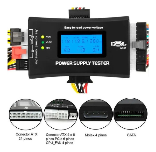 Testador Fonte Digital Lcd Alimentação Atx 20/24 Pinos Sata