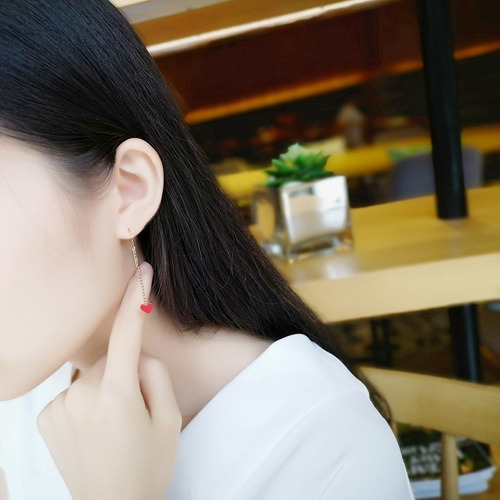 Aros Largos Cadena Corazón Ágata Rojo De Protección Oro 18k