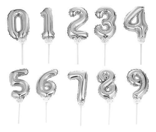 Set De Globos De Numero Autoinflables 15cm 0-9 10pzas Color Plateado Numeros Pastel