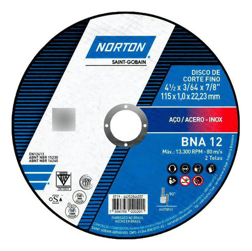 Disco Corte Metal E Inox 4.1/2 Pol Bna12 Kit 25 Peças Norton
