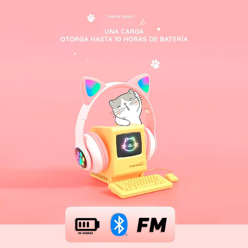 Imagen 4 de 9 de Auriculares Headset Bluetooth Oreja Luz Led Gato Micrófono