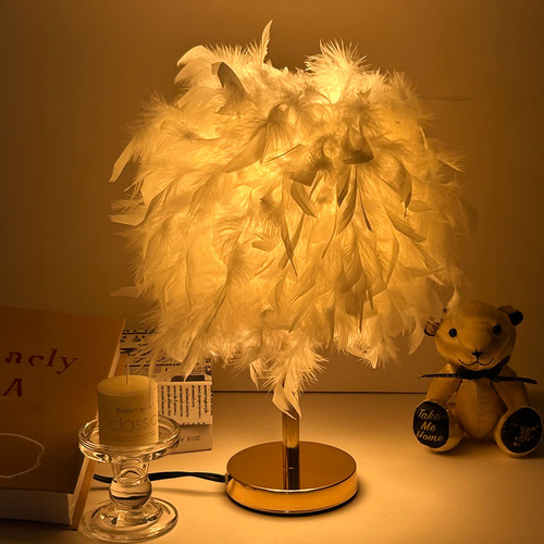Lámpara De Mesa Led Plumas Luz Nocturna Para Decoración Estructura Blanco