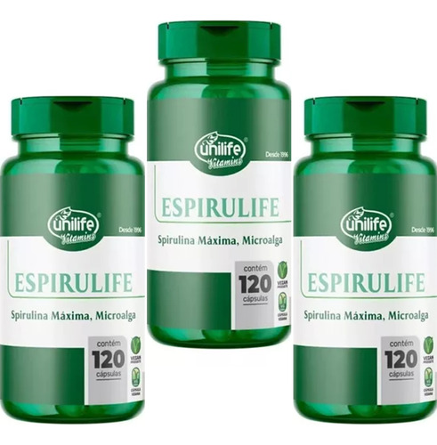 Kit 3 Spirulina 500mgunilife Espirulife 120 Cápsulas Sabor Sem Sabor